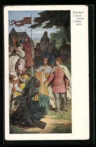 Künstler-AK sign. F. Piloty: Parsival mit Dame im Lager