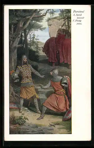 Künstler-AK sign. F. Piloty: Parsival erkennt seinen Stiefbruder Feirefiz