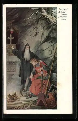 Künstler-AK sign. J. Munsch: Parsival erfährt beim Einsiedler von den Wundern des Grals