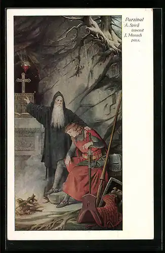 Künstler-AK sign. J. Munsch: Parsival erfährt beim Einsiedler von den Wundern des Grals