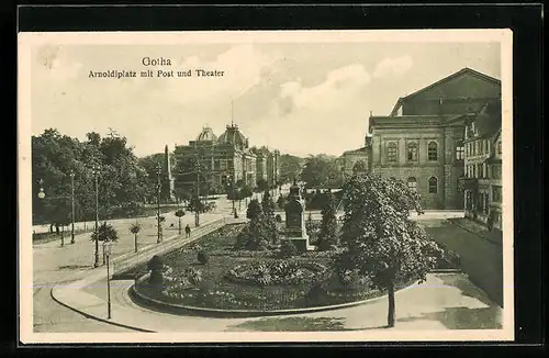 AK Gotha, Arnoldiplatz mit Post und Theater