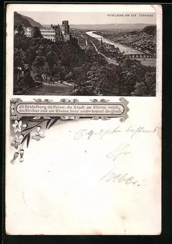 Vorläufer-Lithographie Heidelberg, 1893, Stadtansicht von der Terrasse aus