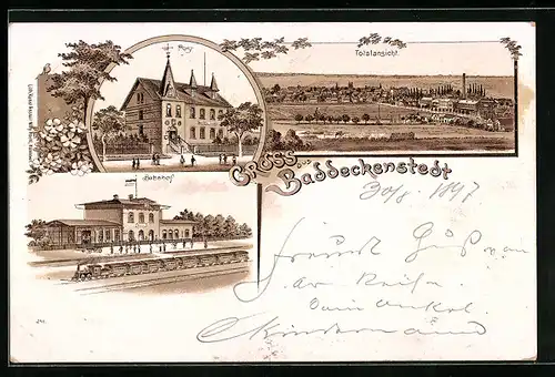 Lithographie Baddeckenstedt, Bahnhof, Post, Totalansicht vom Ort