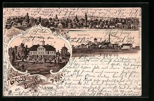 Lithographie Burgdorf b. Lesse, Schloss, Zuckerfabrik, Ortsansicht