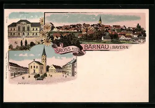 Lithographie Bärnau i. Bayern, Rathaus, Marktplatz mit Kirche