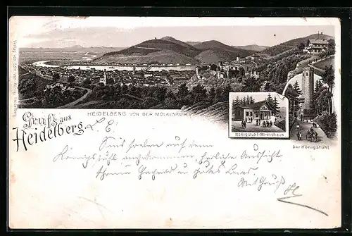 Vorläufer-Lithographie Heidelberg, 1891, Königstuhl Wirtshaus, Panorama von der Molkenkur
