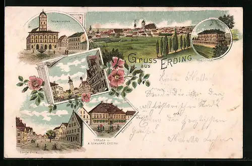 Lithographie Erding, Ortsansicht, Krankenhaus, Schrannenplatz, Lange Zeile