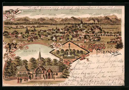 Lithographie Planegg, Gesamtansicht mit Bergkette, Maria Eich