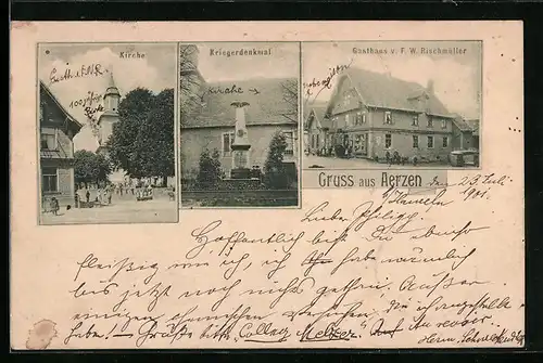 AK Aerzen, Gasthaus F. W. Rischmüller, Kriegerdenkmal, Ortspartie mit Kirche