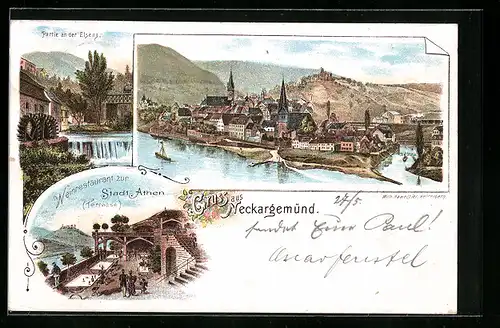 Lithographie Neckargemünd, Gesamtansicht, Weinrestaurant zur Stadt Athen, Terrasse