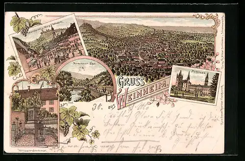 Lithographie Weinheim, Gesamtansicht, Marktplatz u. Burg Waldeck, Schloss
