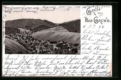 Lithographie Bad Grund, Ortsansicht mit Umgebung aus der Vogelschau