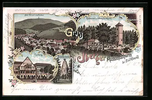 Lithographie Bad Grund, Teilansicht, Restaurant zum Gletschertöpfen mit Iberger Aussichtsturm