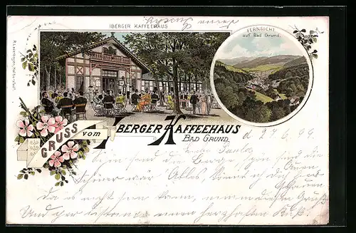 Lithographie Bad Grund, Gasthaus Iberger Kaffeehaus mit Garten, Fernsicht auf Bad Grund