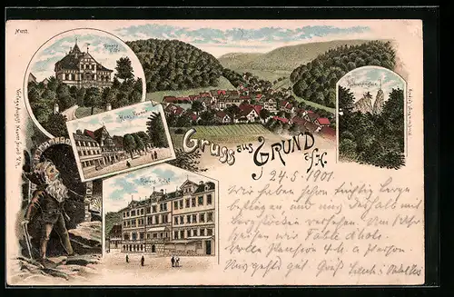 Lithographie Bad Grund, Gesamtansicht aus der Vogelschau, Römers Hotel und Villa