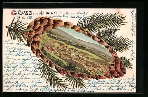 Passepartout-Lithographie Hahnenklee im Harz, Ortsansicht aus der Vogelschau in einem Tannenzapfen
