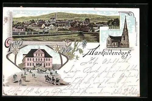 Lithographie Markoldendorf, Ortsansicht, St. Martinskirche, Rathskeller