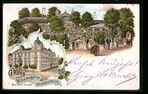 Lithographie Braunschweig, Gasthaus Wilhelmsgarten, Aussenansicht und Garten