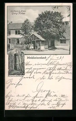 AK Waldkatzenbach, Gasthaus z. Löwen, Inh.: Georg Körber, Katzenbuckelturm