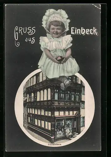 AK Einbeck, Patrizierhaus mit lachendem Kleinkind