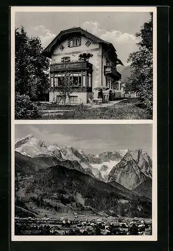 AK Garmisch, Ortsansicht und Villa Partana, Partnachstrasse 48