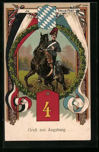 Künstler-AK Augsburg, In Treue fest, Soldat in Uniform zu Pferde, Wappen und Fahnen