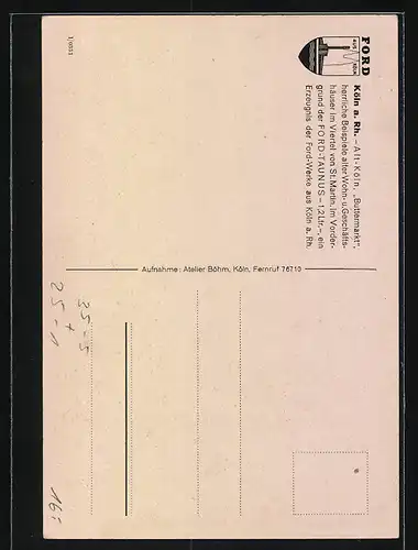 AK Köln a. Rh., Auto-Werbung Ford Taunus, Strassenpartie am Buttermarkt