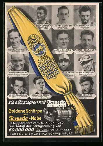 AK Schweinfurt, Fichtel & Sachs AG, 3. Etappenfahrt 1949, Weltmeister Binda Italien 1927 u. 1930, Reklame für Torpedo