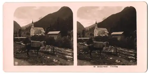 Stereo-Fotografie NPG, Berlin-Steglitz, Ansicht Ginzling / Zillerthal, Ortsansicht mit Kapelle & Packpferd