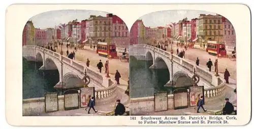 Stereo-Fotografie unbekannter Fotograf, Ansicht Cork, St. Patricks Bridge mit Strassenbahn