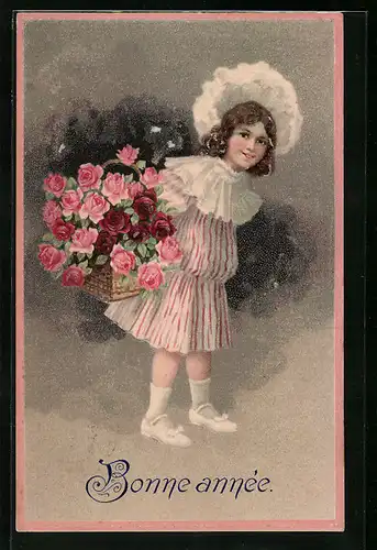 Präge-AK Mädchen mit Blumenstrauss, Bonne année