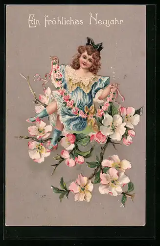 Präge-AK Mädchen mit Blütenranken, Neujahr