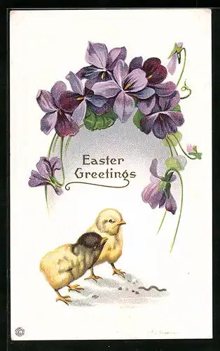 AK Osterküken und Veilchen, Easter Greetings