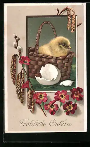 AK Osterküken im Korb mit Eierschale und Blumen, Ostergruss