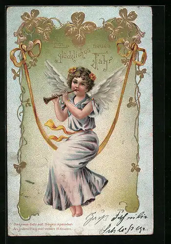 AK Neujahrsengel spielt die Flöte, Ein glückliches Neujahr