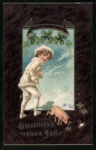 Präge-AK Junge mit Glücksschwein, Kleeblatt, Glückliches neues Jahr