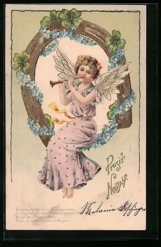 Präge-AK Neujahrsengel mit Flöte auf Vergissmeinnichtkranz