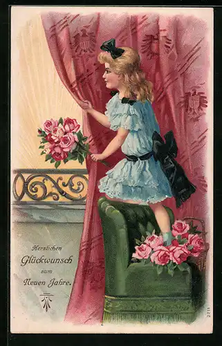 AK Mädchen mit Rosen zu Neujahr