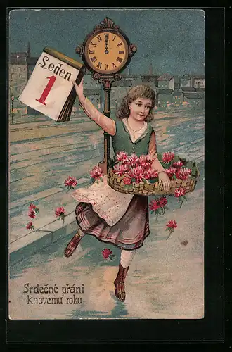 AK Dame verteilt Blüten zu Neujahr