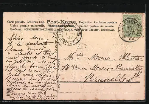 Präge-AK Bonne Année, Jahreszahl 1907, Kleeblatt und Hufeisen