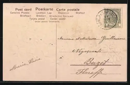Präge-AK Bonne Année, Jahreszahl 1908, Kleeblätter und Veilchen