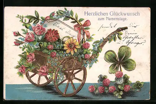 AK Kutsche mit Blumen und Kleeblatt, Glückwunsch zum Namenstag