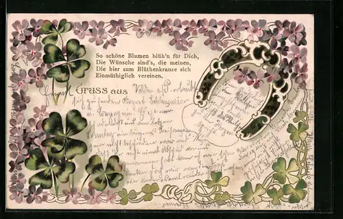 Präge-AK Kleeblätter und Hufeisen, Blütenkränze