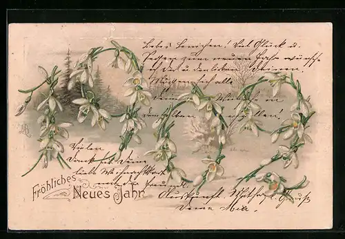 Präge-AK Jahreszahl 1902, Fröhliches Neujahr, Schneeglöckchen