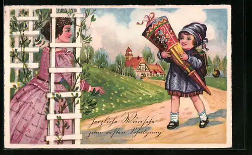 AK Mädchen mit Schultüte zum Schulanfang