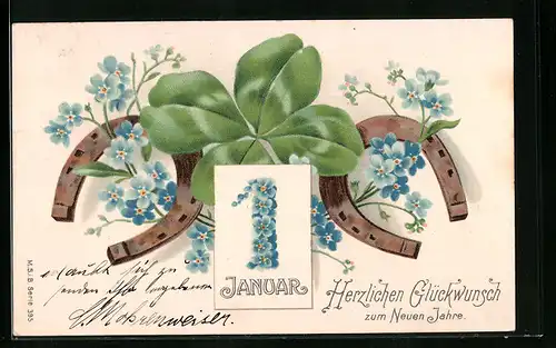 Präge-AK Kleeblatt mit Hufeisen zum neuen Jahre