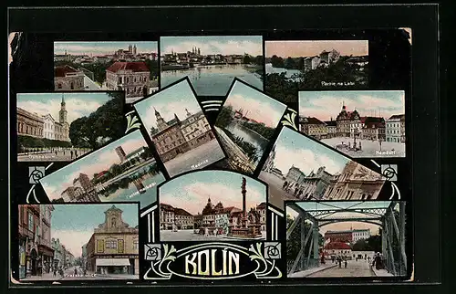 AK Kolín, Hauptplatz mit Denkmal, Rathaus, Einkaufsstrasse