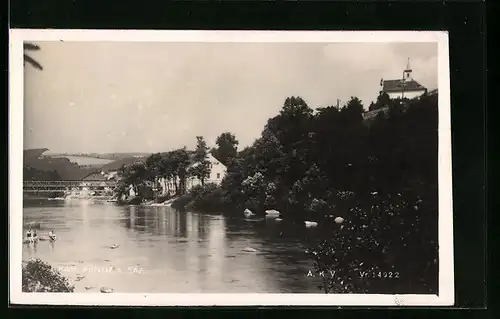 AK Kamenny Privoz, Flusspartie mit Brücke