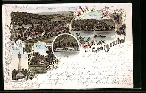 Lithographie Georgenthal, Gasthaus Schützenhof, Rodebachmühle, Candelaber Denkmal