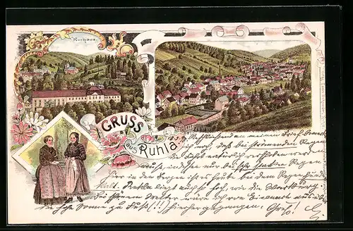 Lithographie Ruhla, Kurhaus, Panoramablick auf den Ort, Frauen in Tracht